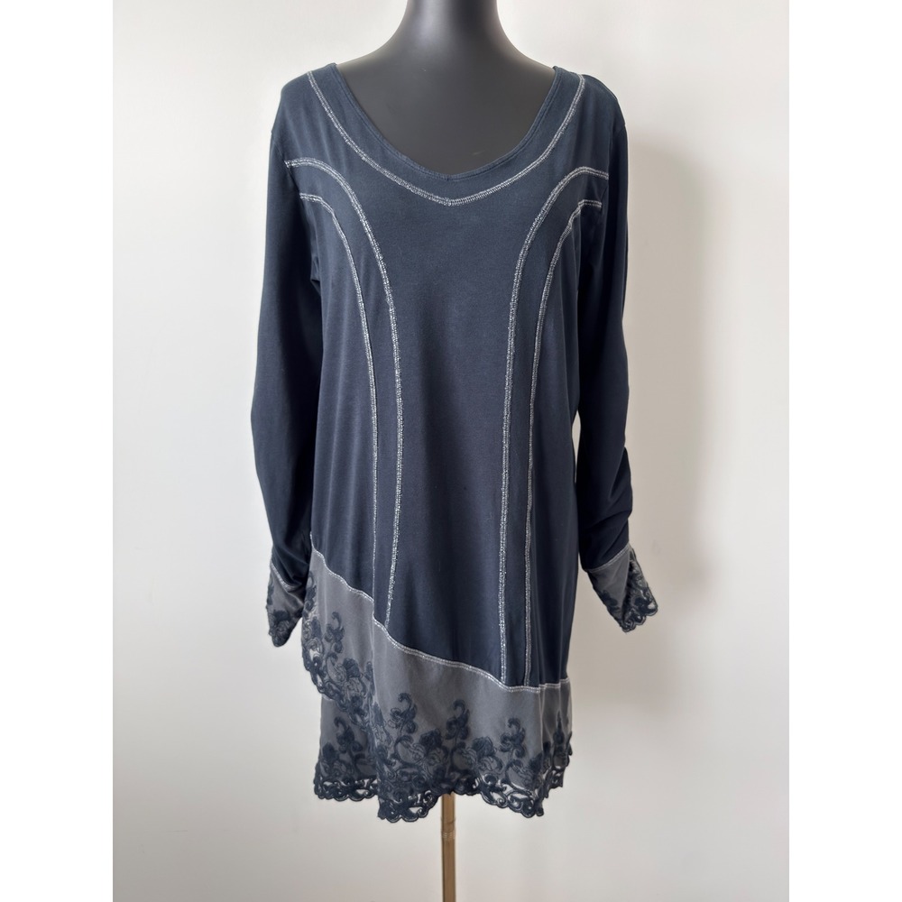 Gretty Zueger Charcoal Grey Lace Tunic Dress Silver Stitching XL Boho Lagenlook